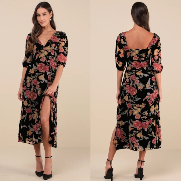 Lulus Gloriously Chic Black Floral Burnout Short Sleeve Midi Dress L Wedding - Picture 1 of 10